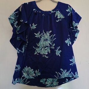 Liz Claiborne XL Blue Floral Ruffle Sleeve Blouse Lightweight Top